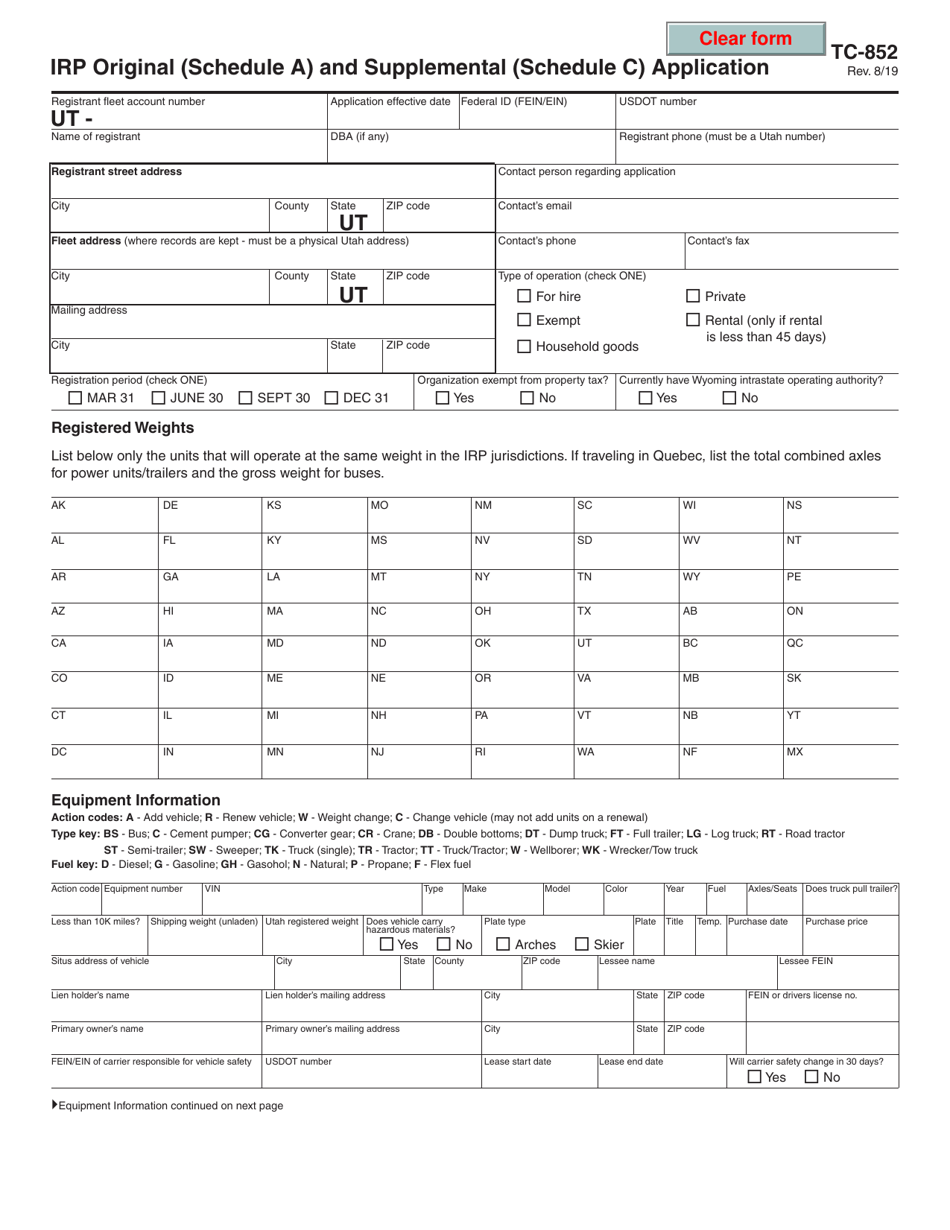 Form TC-852 Irp Original (Schedule a) and Supplemental (Schedule C) Application - Utah, Page 1