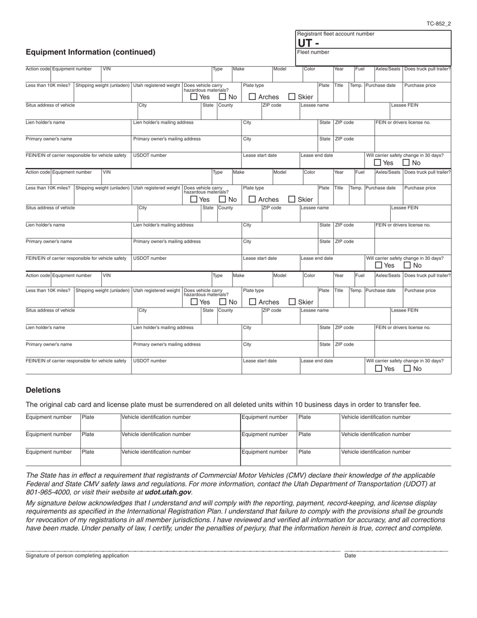 Form TC-852 Irp Original (Schedule a) and Supplemental (Schedule C) Application - Utah, Page 2