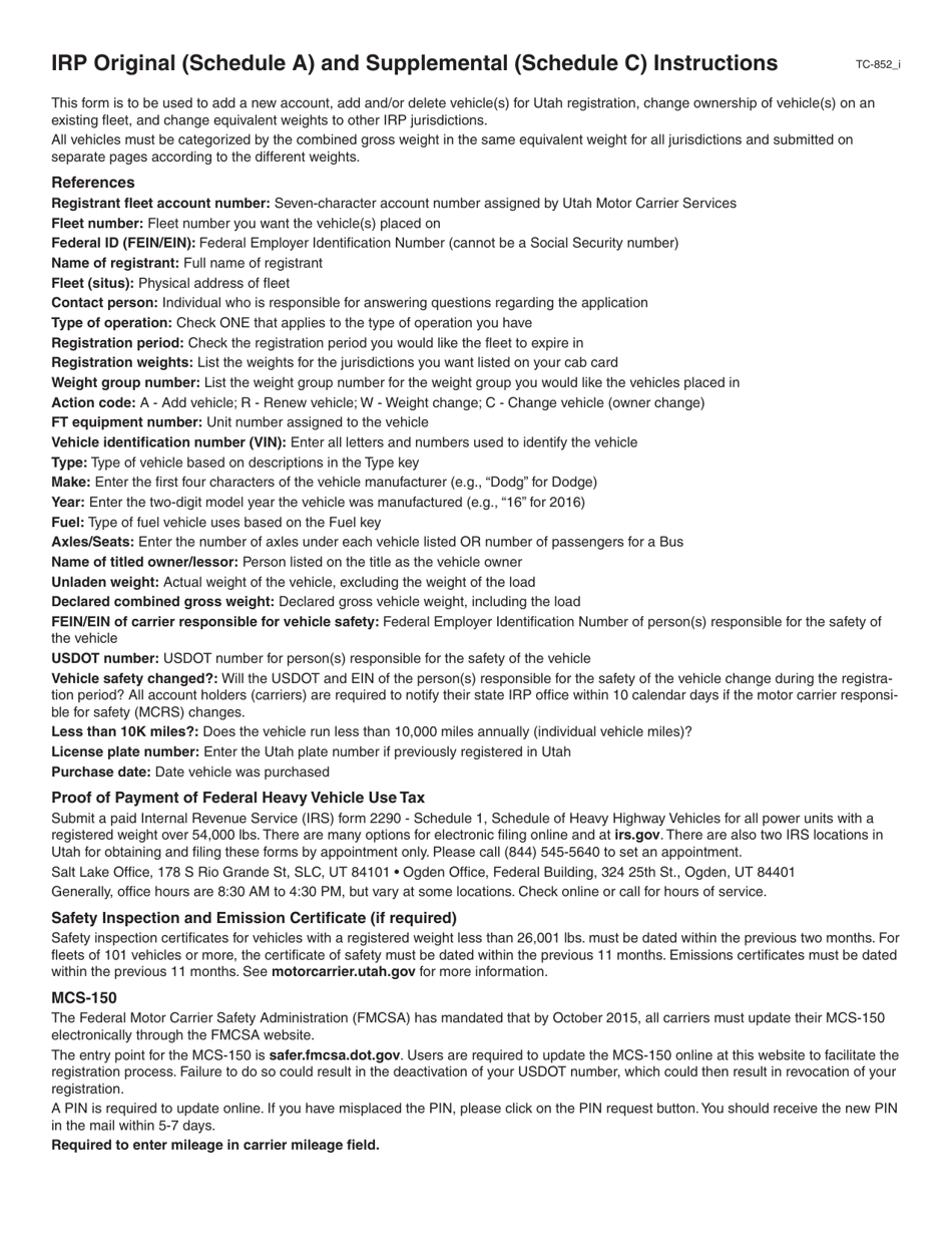 Form TC-852 Irp Original (Schedule a) and Supplemental (Schedule C) Application - Utah, Page 3