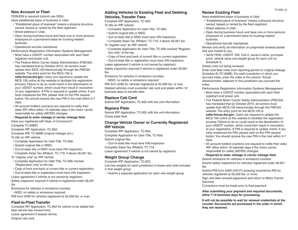 Form TC-852 Irp Original (Schedule a) and Supplemental (Schedule C) Application - Utah, Page 4