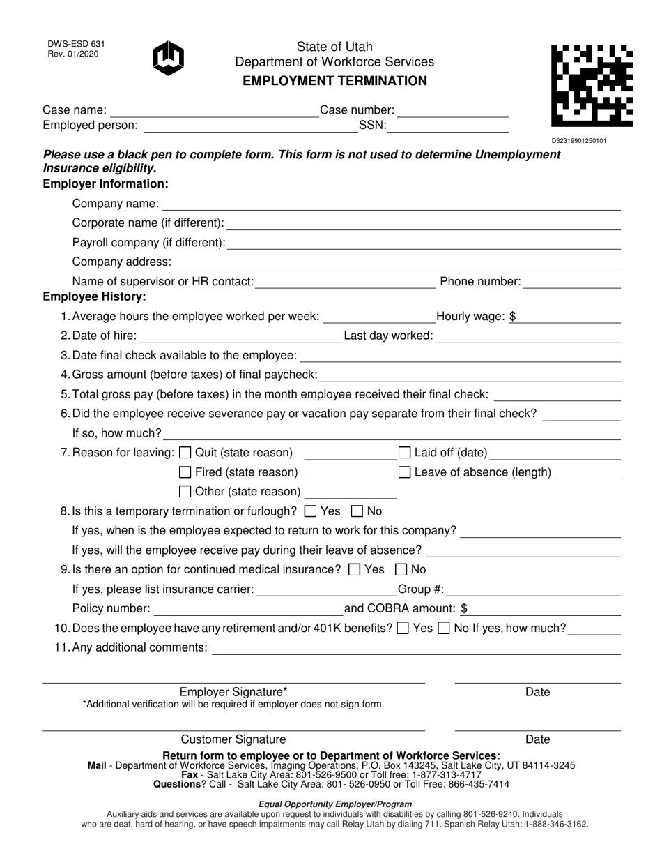 Form DWS-ESD631 Employment Termination - Utah, Page 1