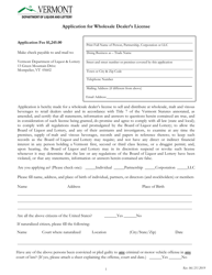 Application for Wholesale Dealer&#039;s License - Vermont