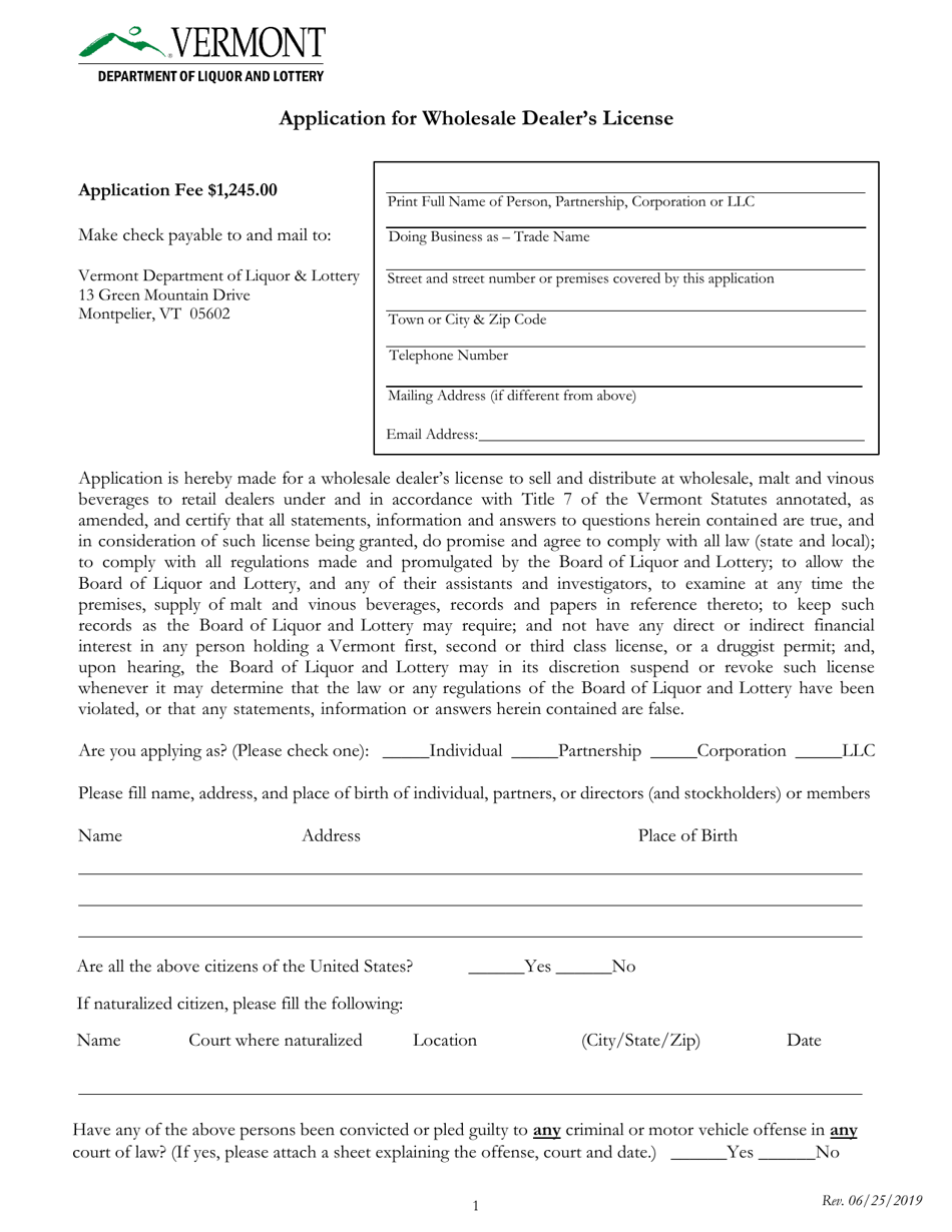 Application for Wholesale Dealers License - Vermont, Page 1