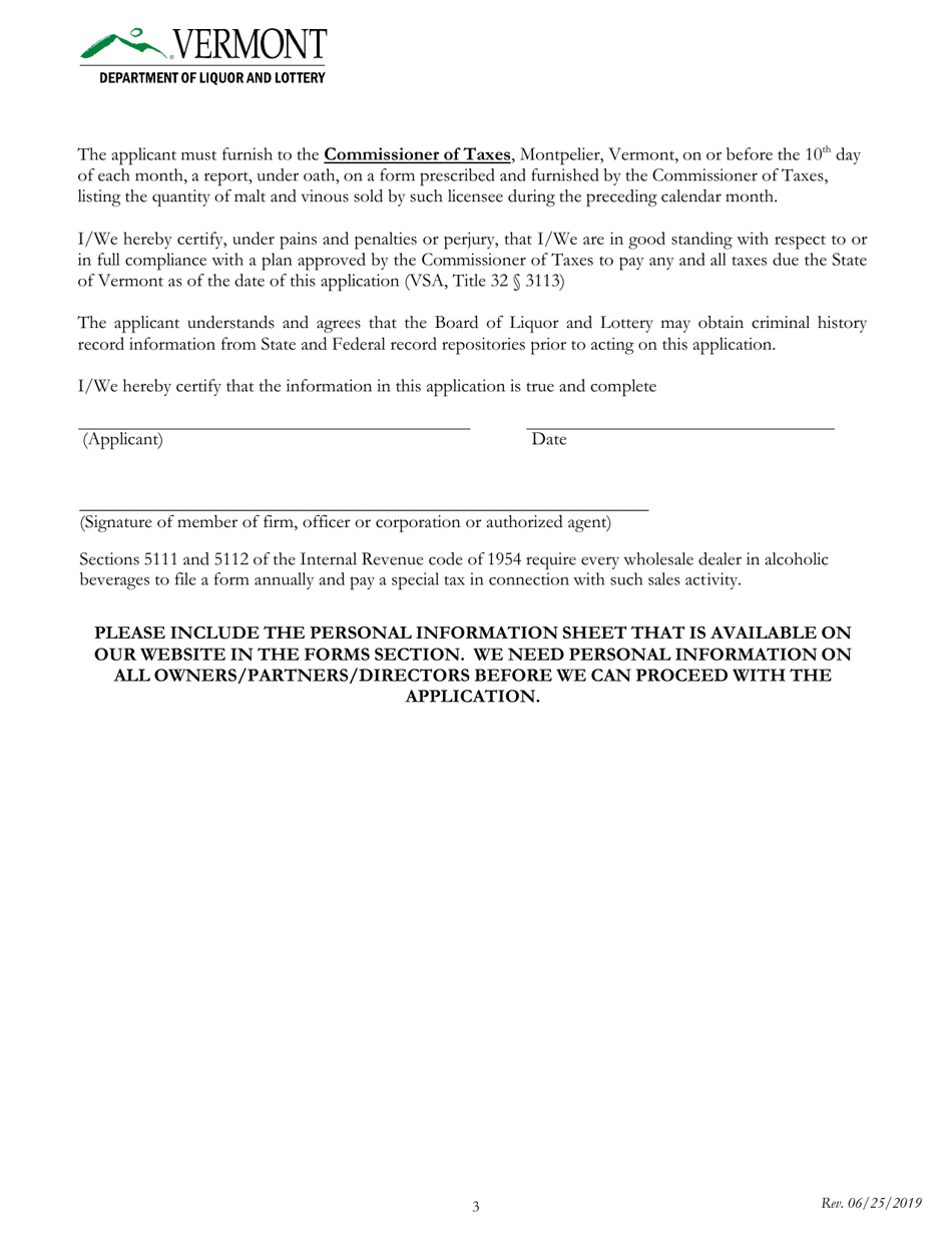 Vermont Application for Wholesale Dealer's License Fill Out, Sign