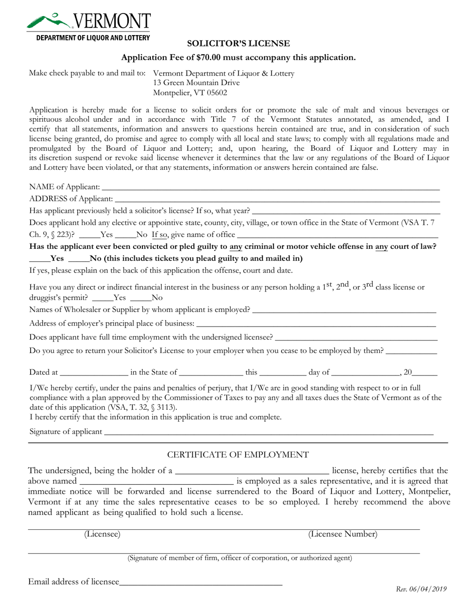 Solicitors Permit - Vermont, Page 1