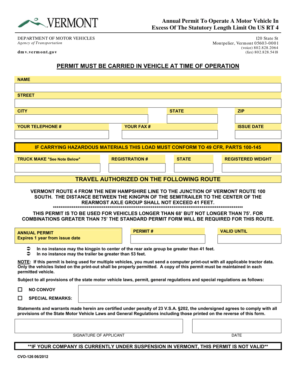 Form CVO-126 Annual Permit to Operate a Motor Vehicle in Excess of the Statutory Length Limit on US Rt 4 - Vermont, Page 1