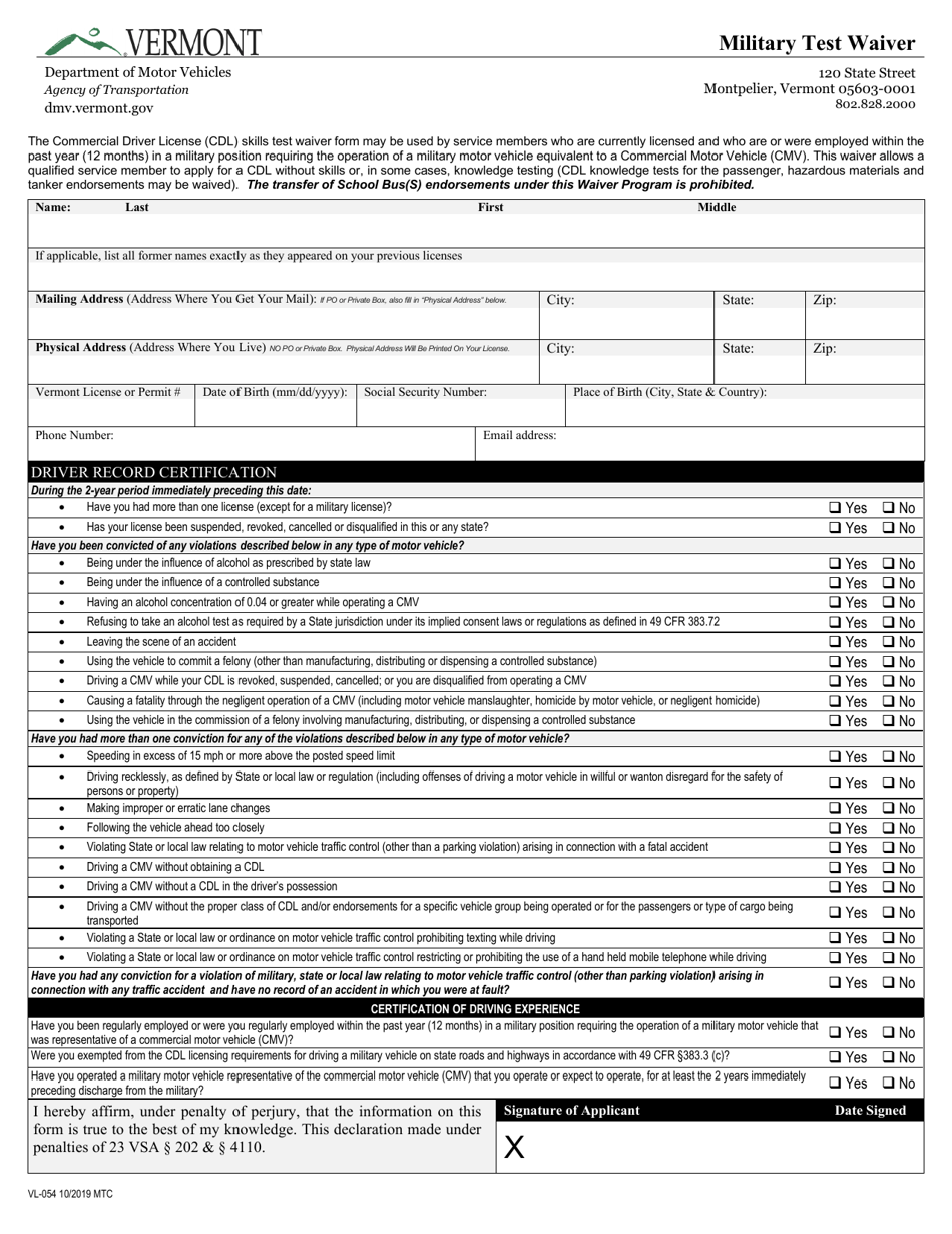 Form VL-054 Military Test Waiver - Vermont, Page 1