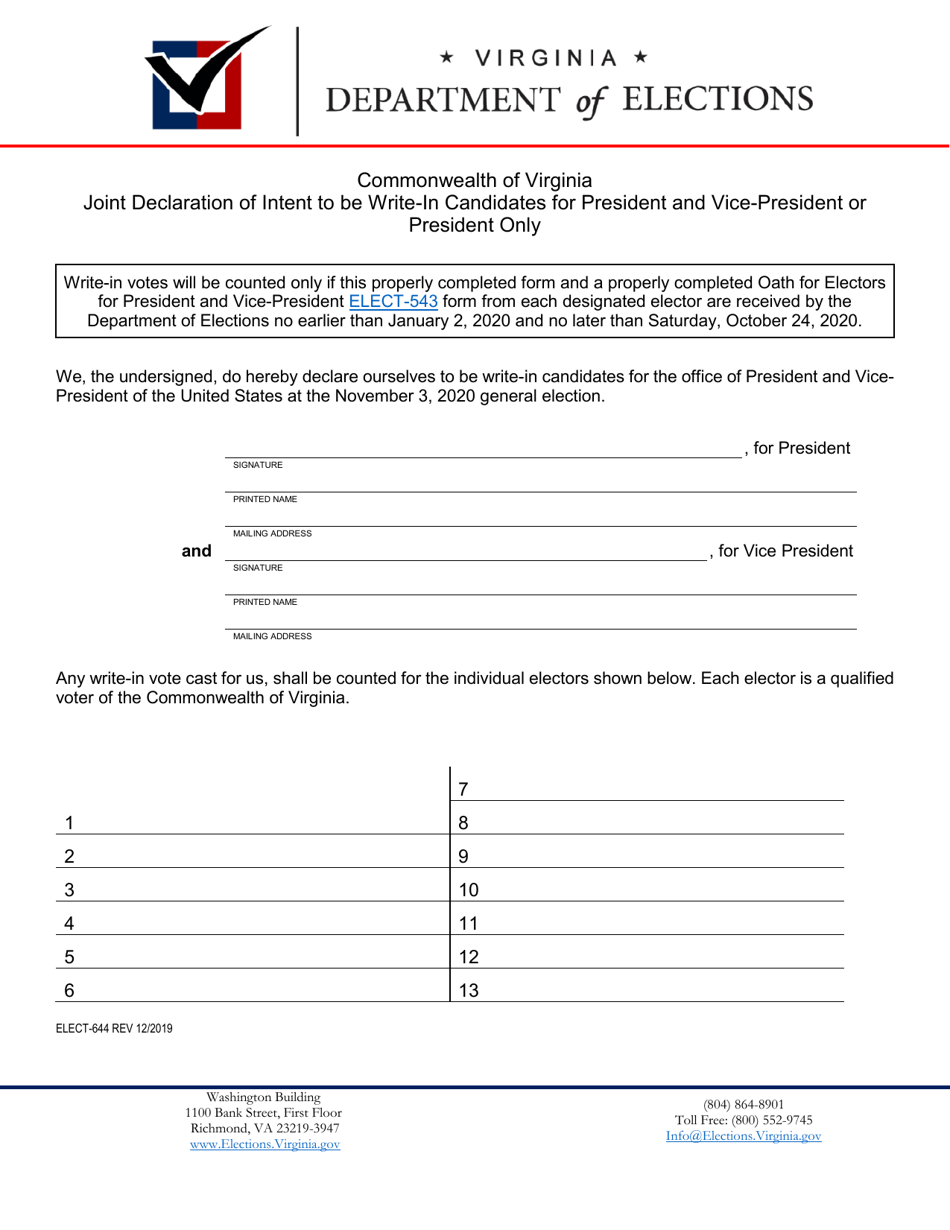 Form ELECT-644 Joint Declaration of Intent to Be Write-In Candidates for President and Vice-President or President Only - Virginia, Page 1