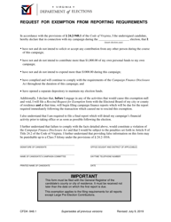 Form CFDA-948.1 &quot;Request for Exemption From Reporting Requirements&quot; - Virginia