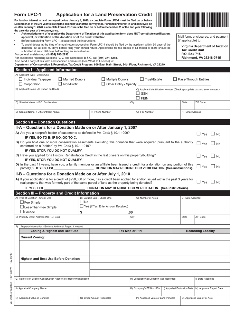 Form LPC-1 Application for a Land Preservation Credit - Virginia, Page 1