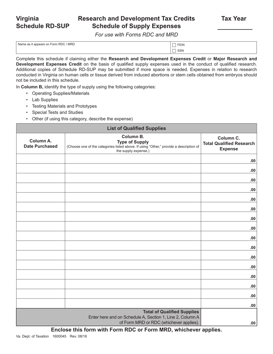 Virginia Research and Development Tax Credits Schedule of Supply