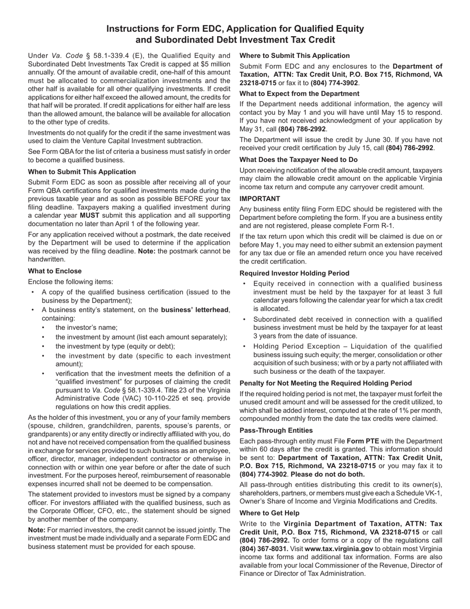 Form EDC Taxpayer Application for the Qualified Equity and Subordinated Debt Investments Tax Credit - Virginia, Page 2