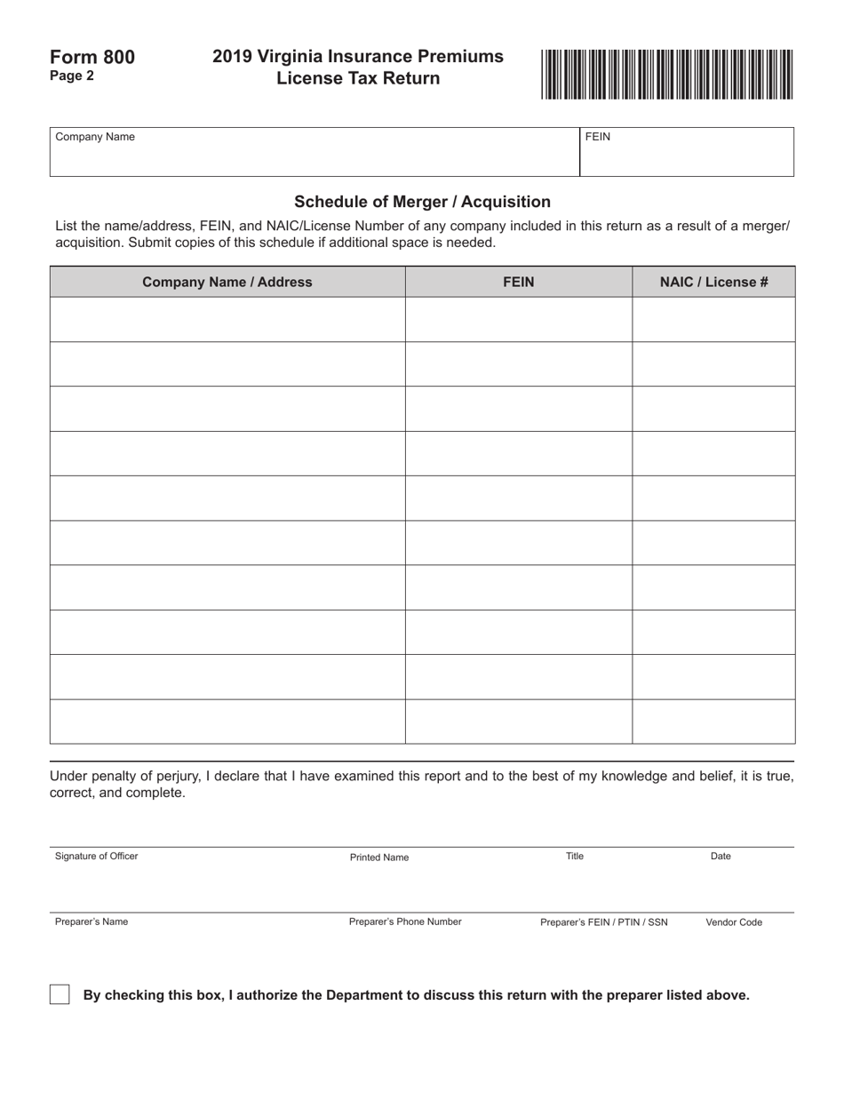 Form 800 Virginia Insurance Premiums License Tax Return - Virginia, Page 2