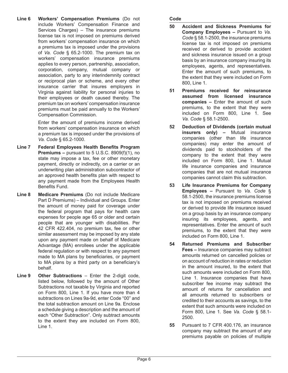 Instructions for Form 800 Insurance Premiums License Tax Return - Virginia, Page 10