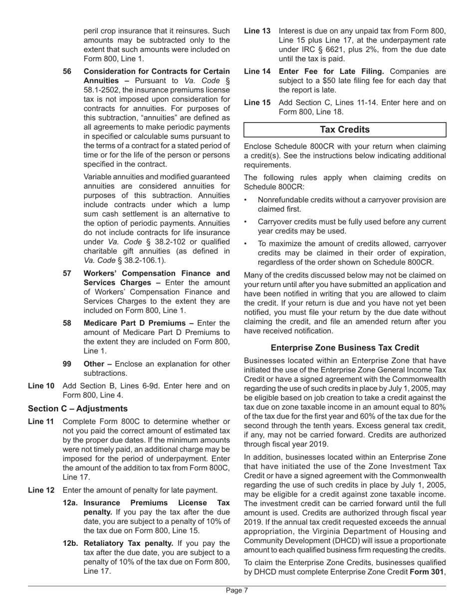 Instructions for Form 800 Insurance Premiums License Tax Return - Virginia, Page 11