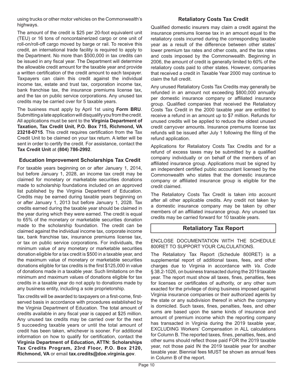 Instructions for Form 800 Insurance Premiums License Tax Return - Virginia, Page 14