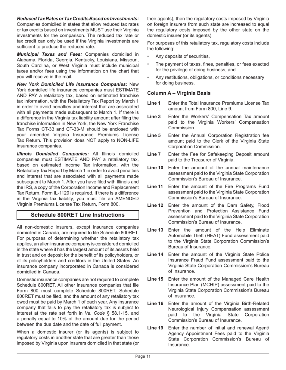 Instructions for Form 800 Insurance Premiums License Tax Return - Virginia, Page 15