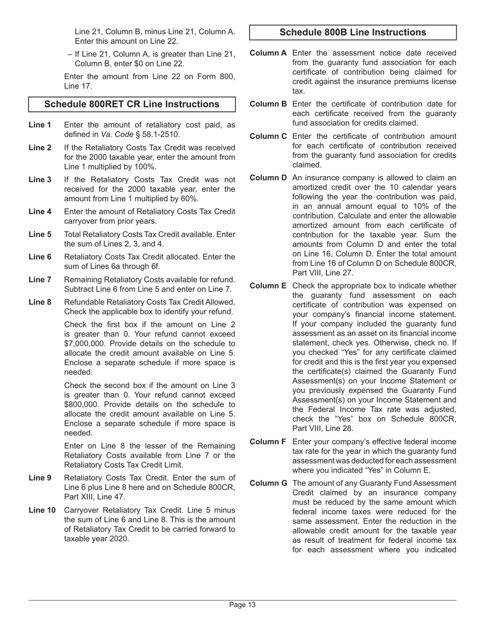 Instructions for Form 800 Insurance Premiums License Tax Return - Virginia, Page 17