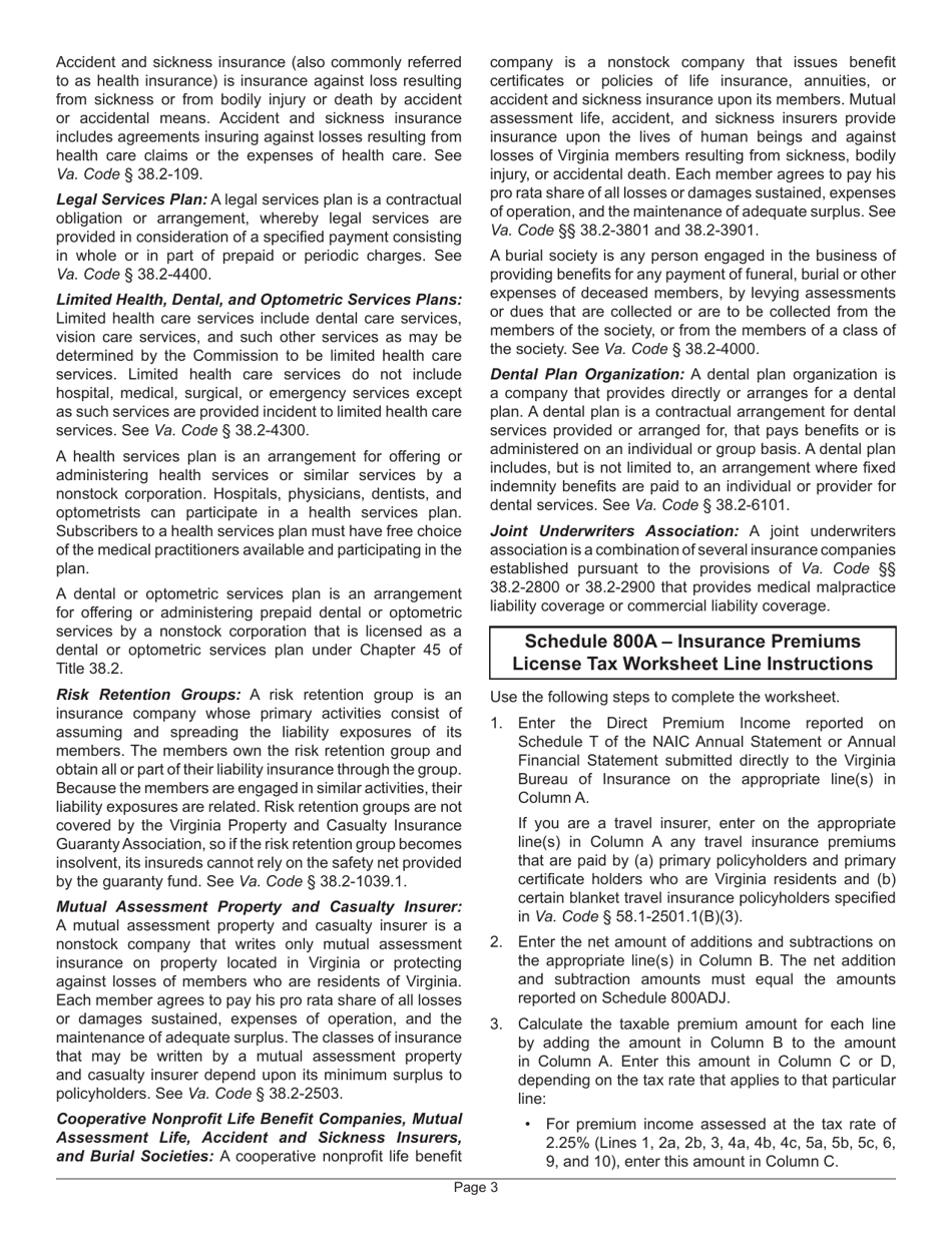 Instructions for Form 800 Insurance Premiums License Tax Return - Virginia, Page 7