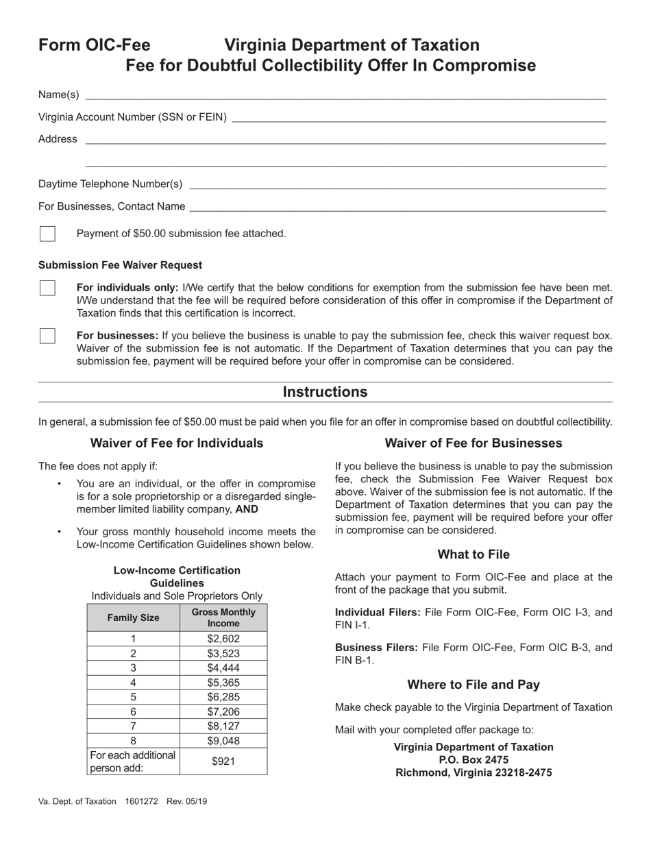 Form OIC-FEE Fee for Doubtful Collectibility Offer in Compromise - Virginia, Page 1