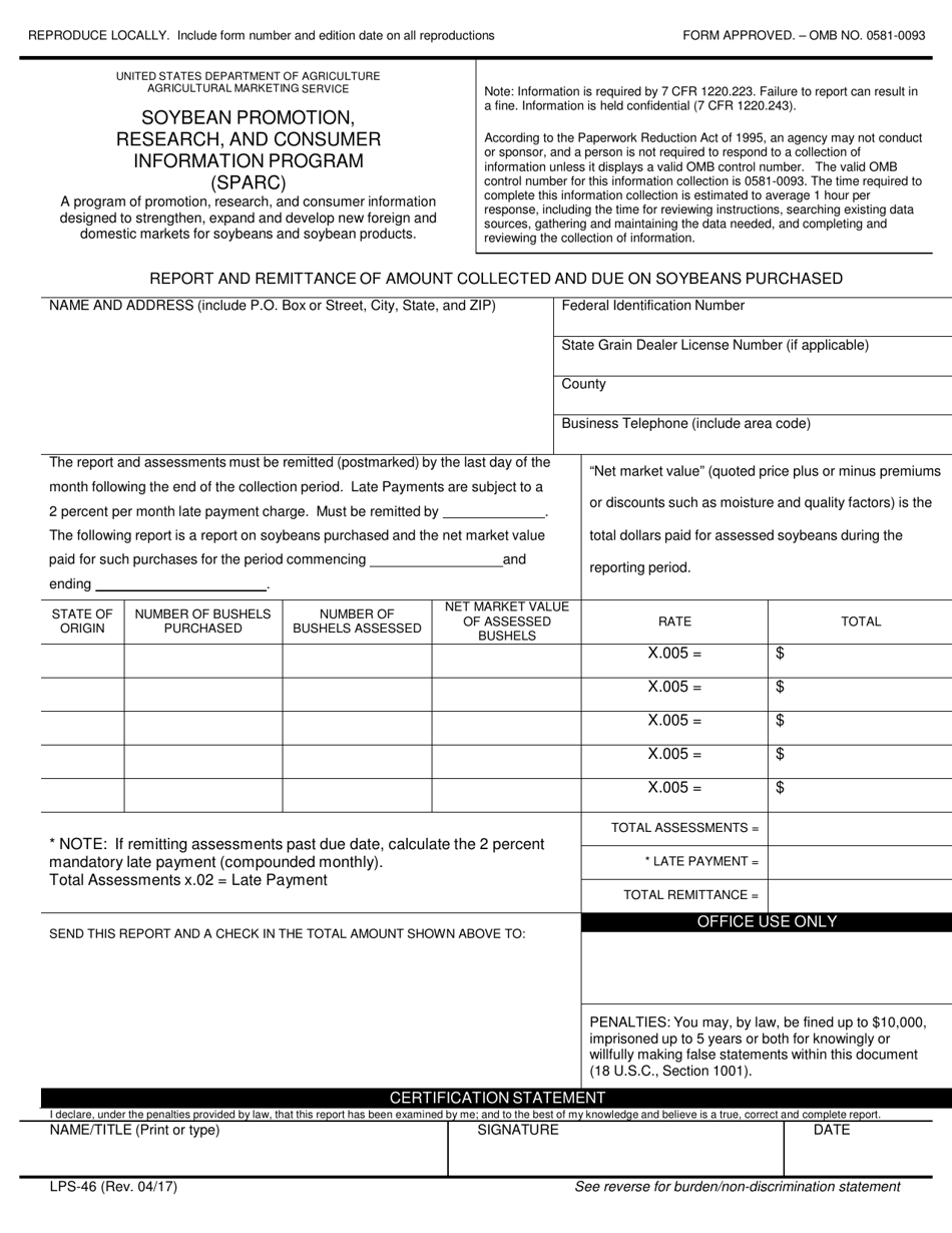 Form LPS-46 Report and Remittance of Amount Collected and Due on Soybeans Purchased, Page 1