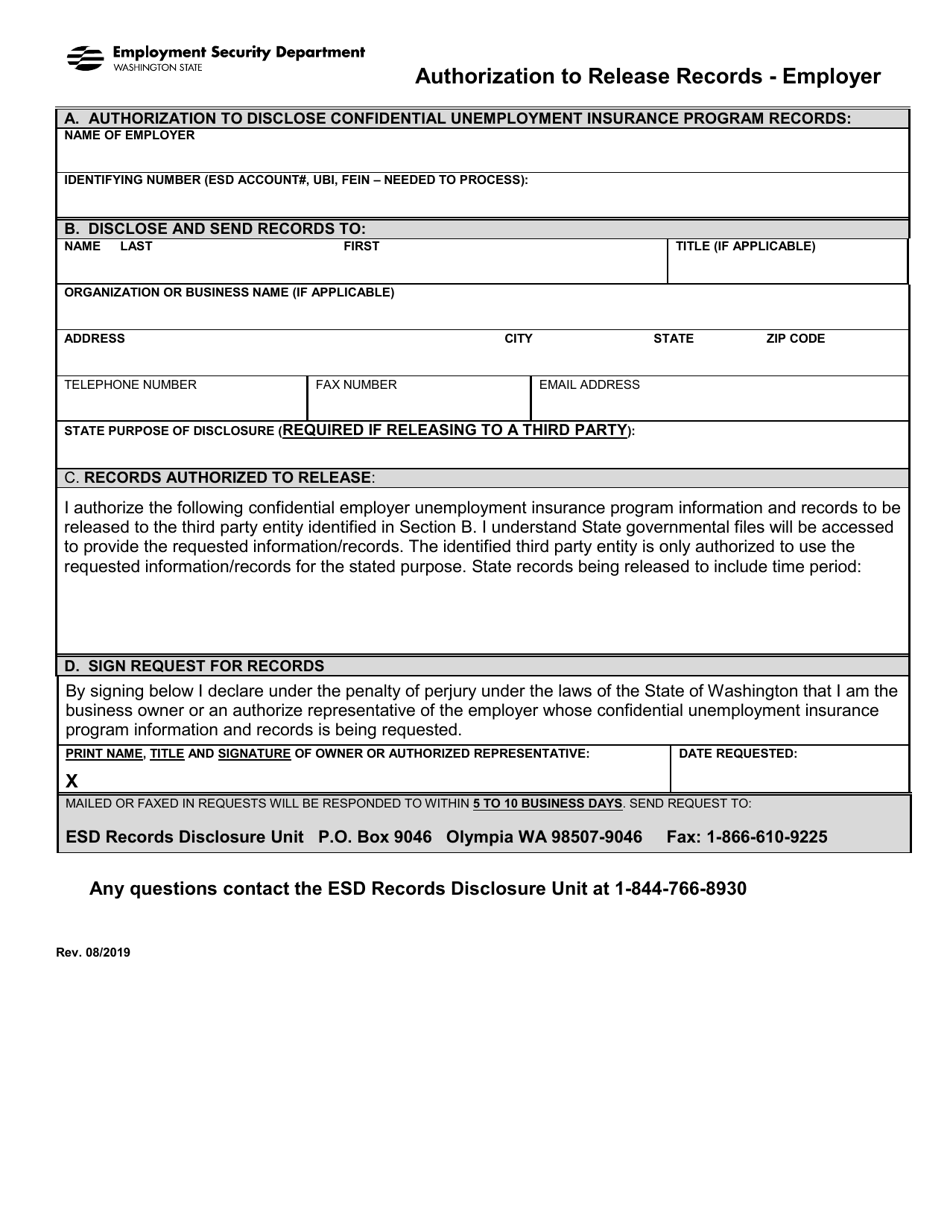 Washington Authorization to Release Records Employer Fill Out, Sign