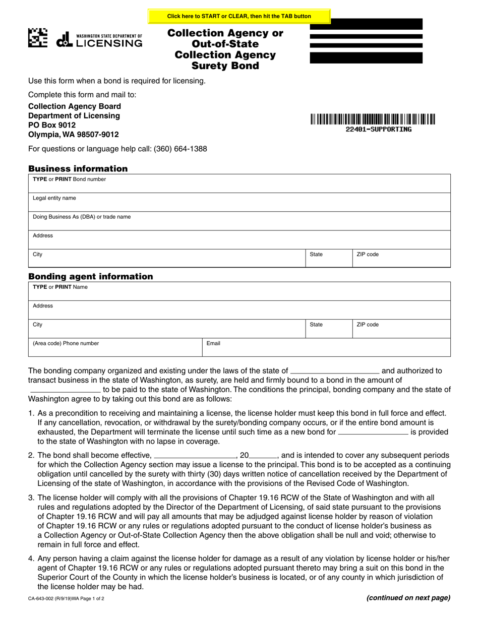 Form CA-643-002 Collection Agency or Out-of-State Collection Agency Surety Bond - Washington, Page 1