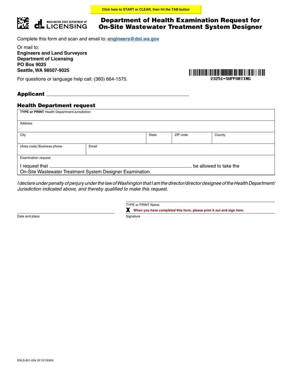 Form ENLS-651-034 Department of Health Examination Request for on-Site Wastewater Treatment System Designer - Washington, Page 1