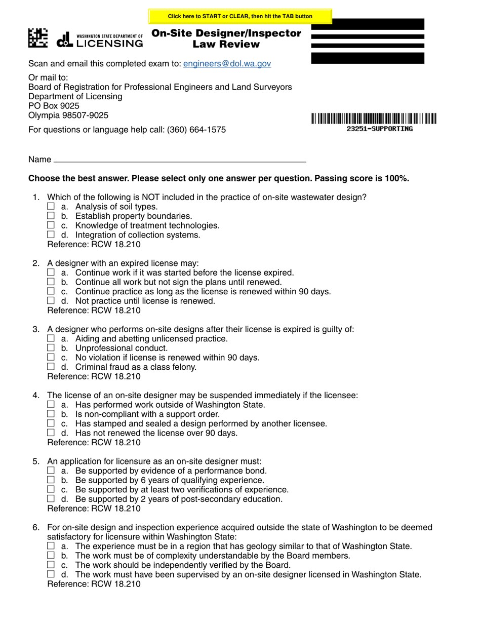 Form ENLS-651-033 On-Site Designer / Inspector Law Review - Washington, Page 1