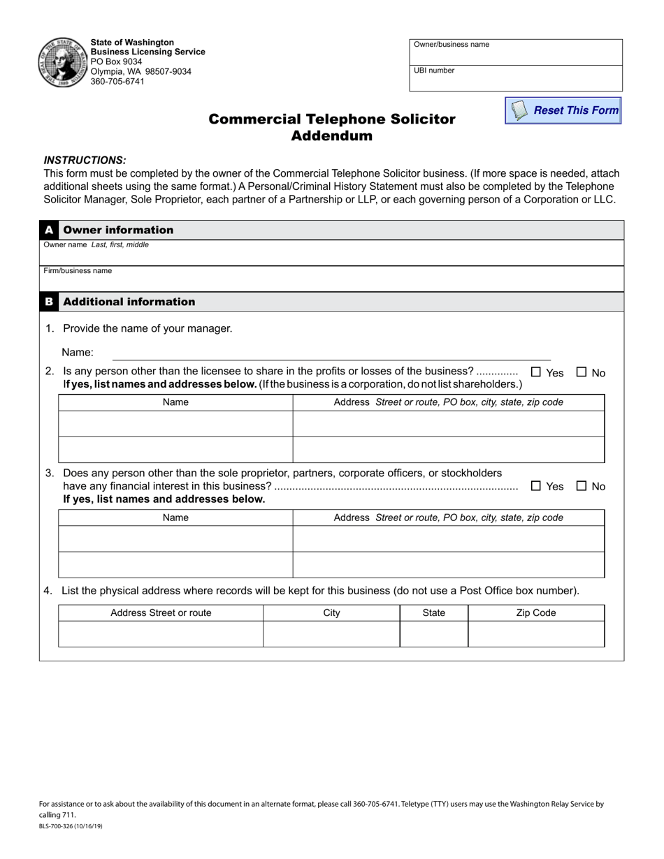 Form BLS-700-326 Commercial Telephone Solicitor Addendum - Washington, Page 1