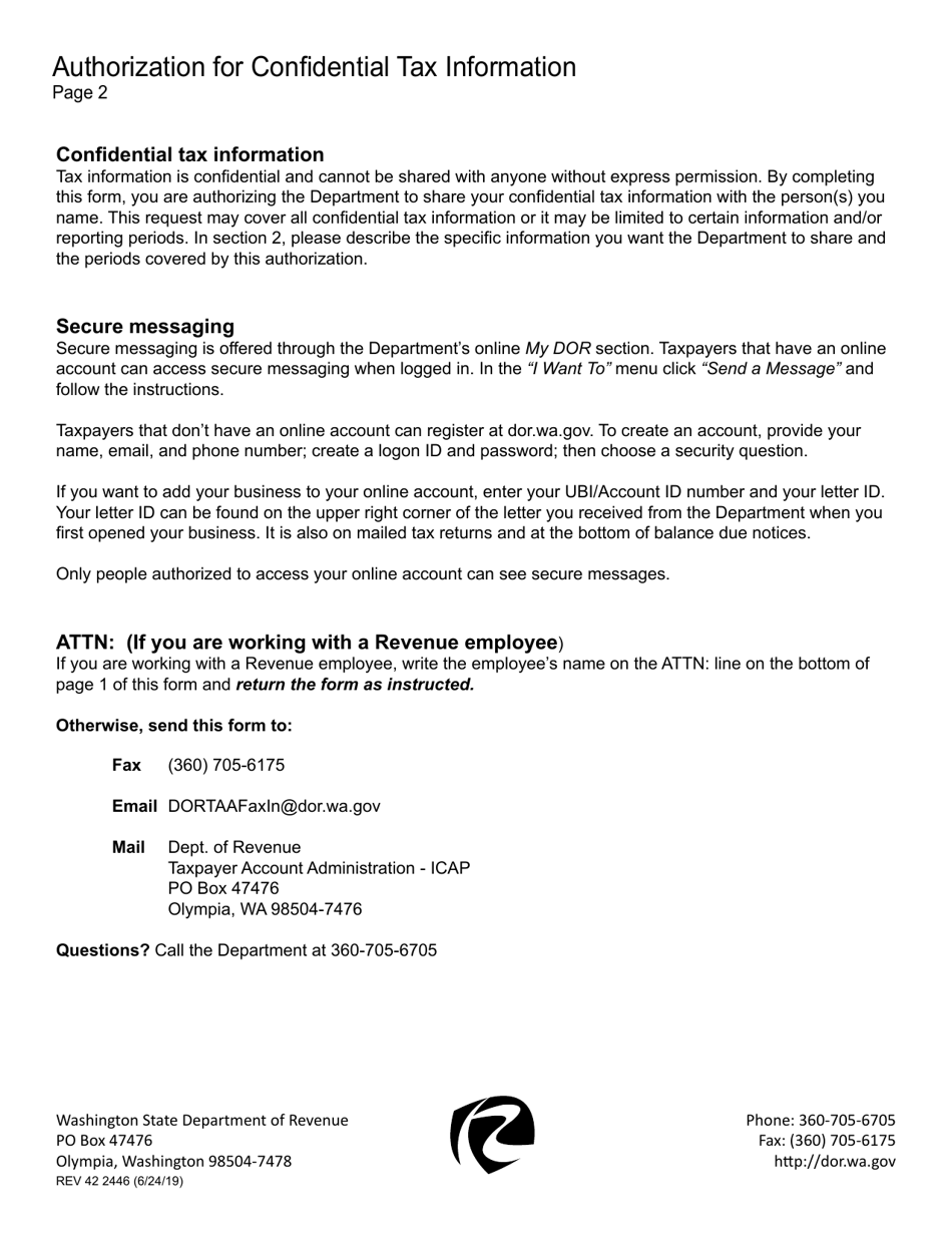 Form REV42 2446 Confidential Tax Information Authorization - Washington, Page 2