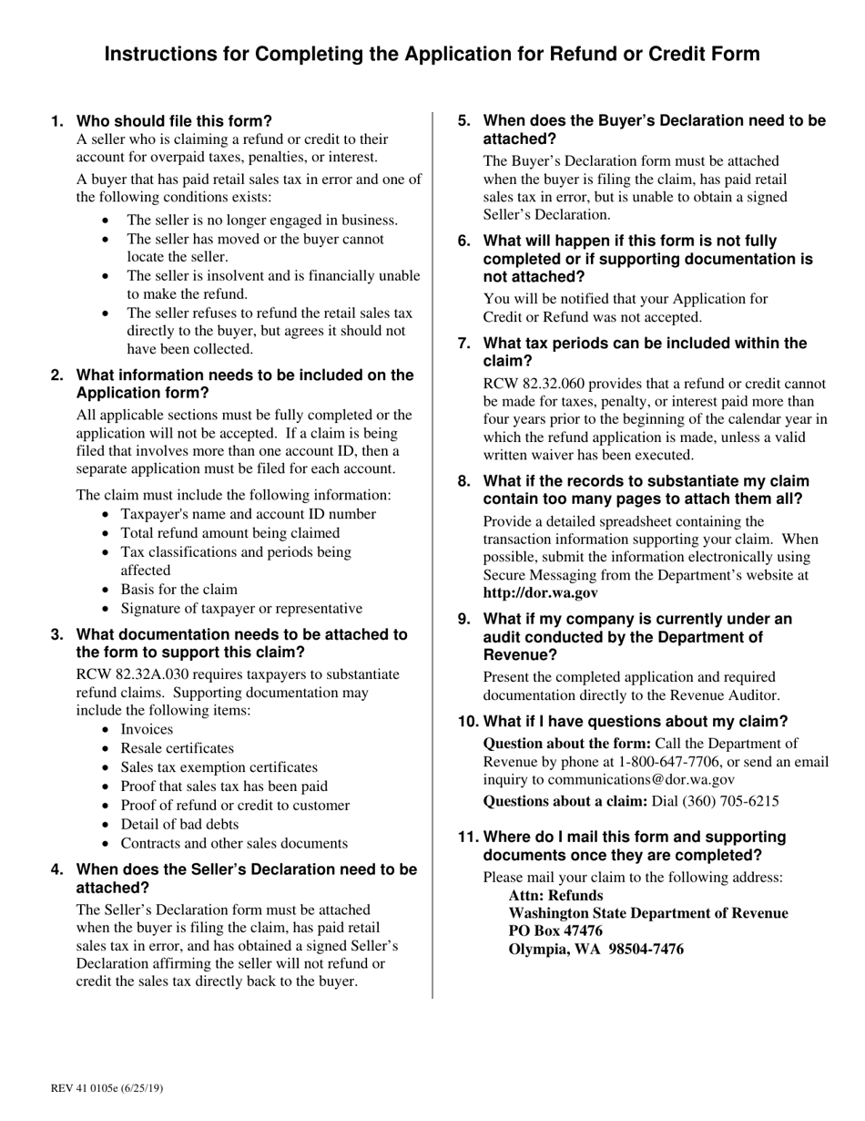 Form REV41 0105E Application for Refund or Credit - Washington, Page 2