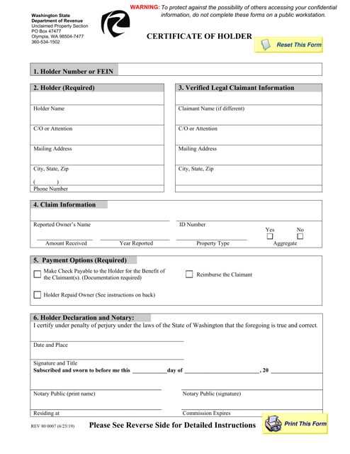 Form REV80 0007 Certificate of Holder - Washington