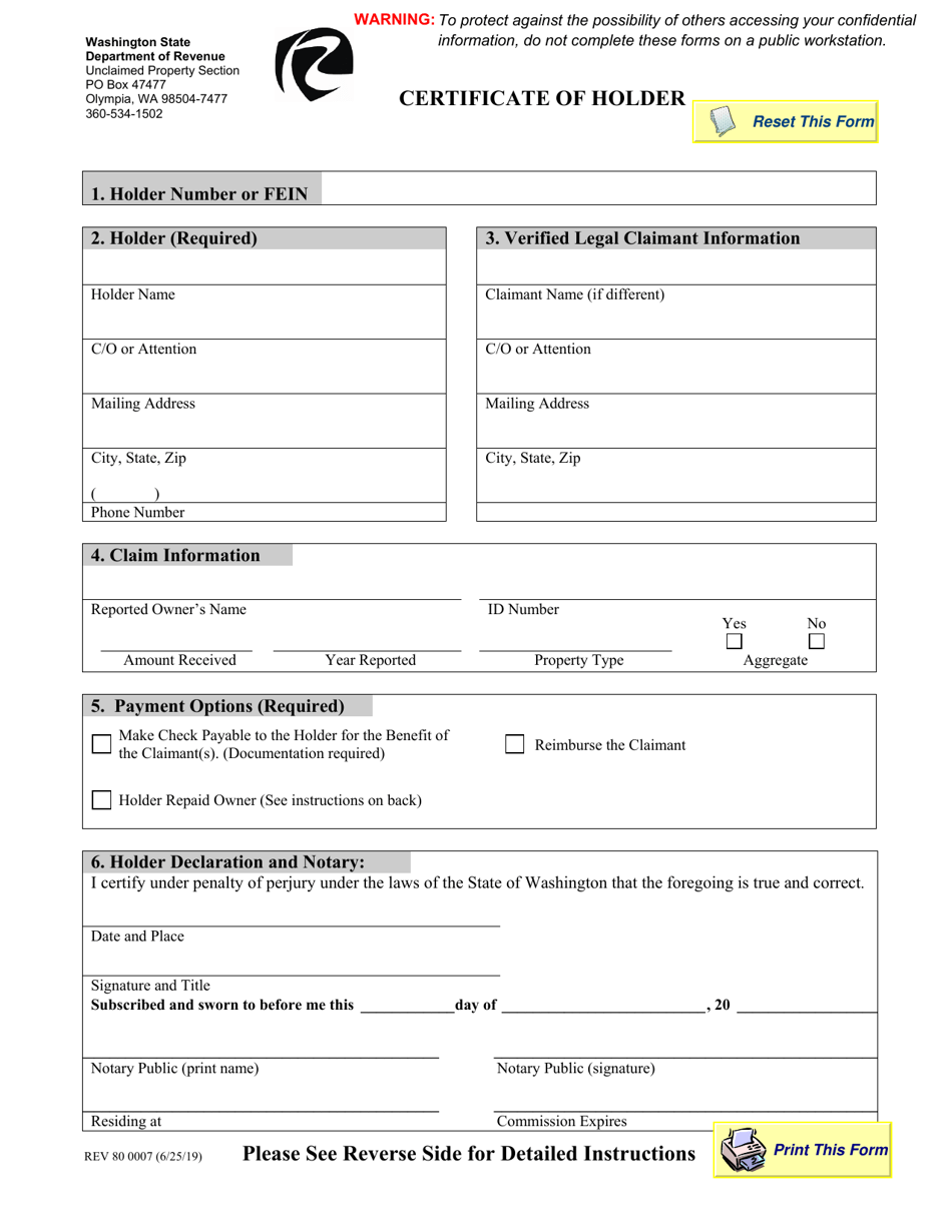 Form REV80 0007 Certificate of Holder - Washington, Page 1