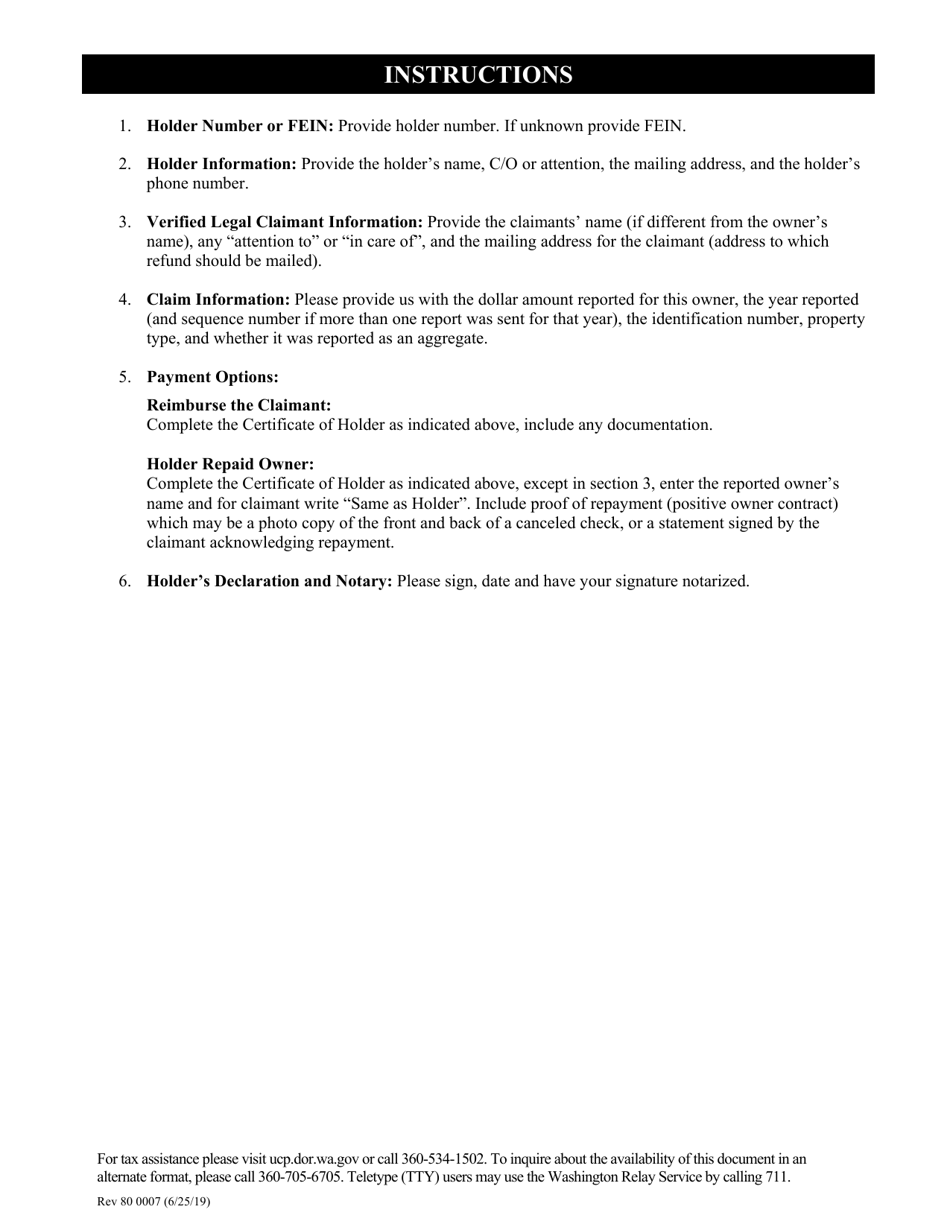 Form REV80 0007 Certificate of Holder - Washington, Page 2