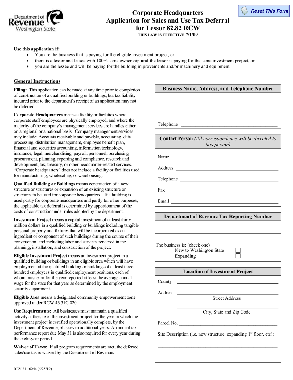 Form REV81 1024E Corporate Headquarters Application for Sales and Use Tax Deferral for Lessor - Washington, Page 1