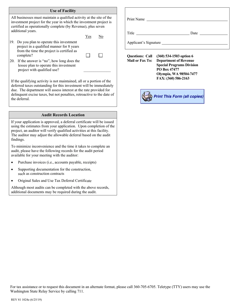 Form REV81 1024E Corporate Headquarters Application for Sales and Use Tax Deferral for Lessor - Washington, Page 3
