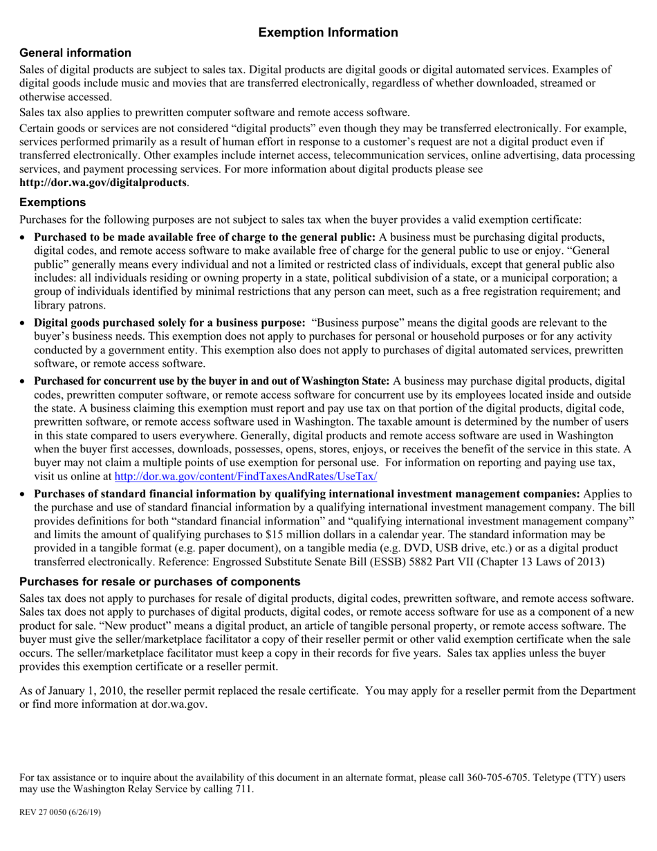 Form REV27 0050 Digital Products and Remote Access Software Exemption Certificate - Washington, Page 2