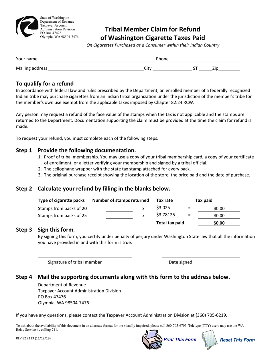 Form REV82 2113 Tribal Member Claim for Refund of Washington Cigarette Taxes Paid - Washington, Page 1