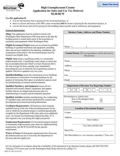 Form REV81 1027 High Unemployment County Application for Sales and Use Tax Deferral - Washington