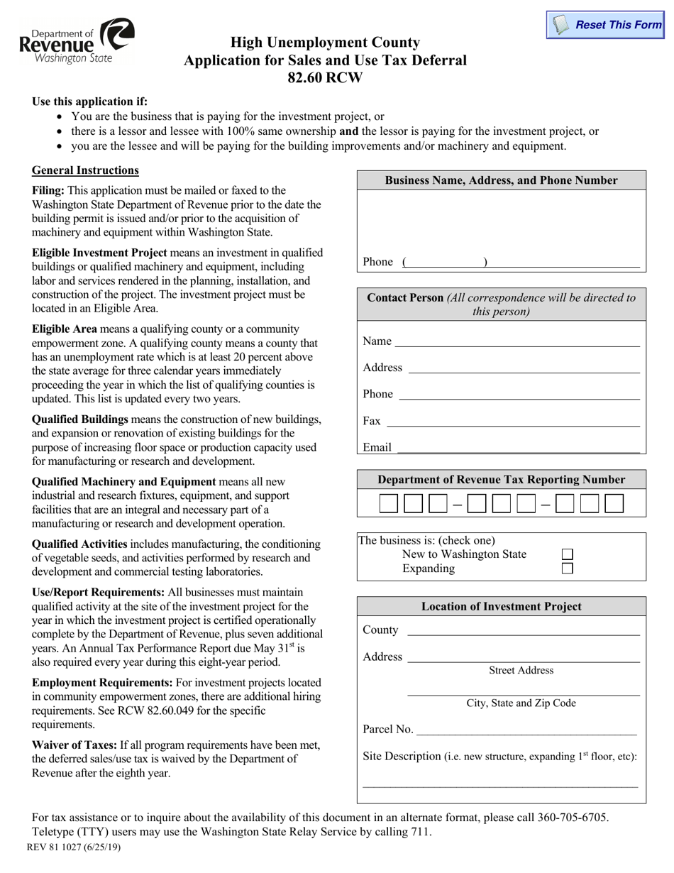 Form REV81 1027 High Unemployment County Application for Sales and Use Tax Deferral - Washington, Page 1