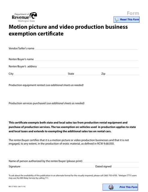 Form REV27 0023 Motion Picture and Video Production Business Exemption Certificate - Washington