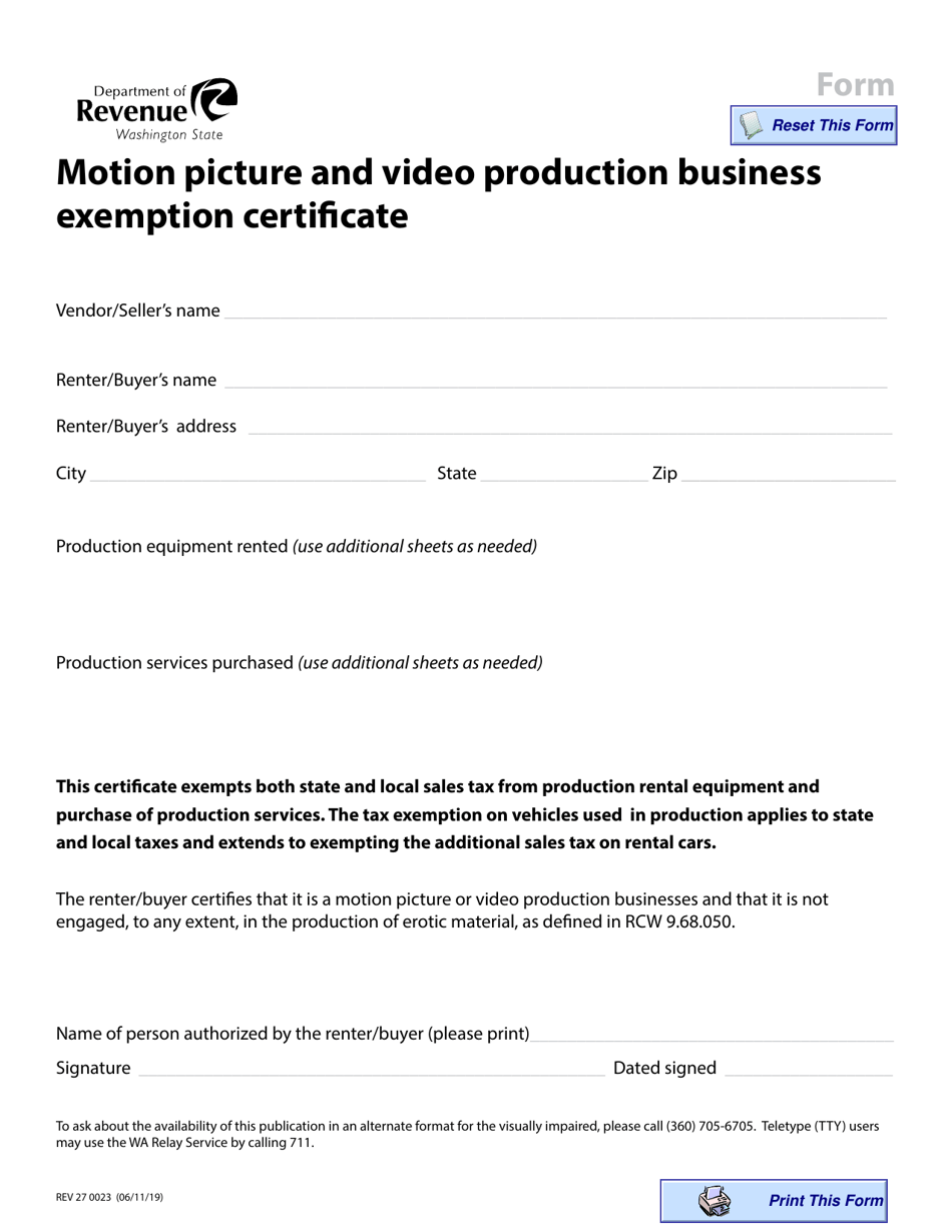 Form REV27 0023 Motion Picture and Video Production Business Exemption Certificate - Washington, Page 1