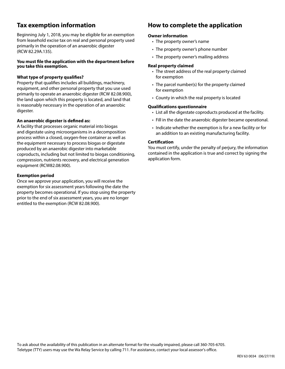 Form REV63 0034 Leasehold Excise Tax Exemption to Operate an Anaerobic Digester - Washington, Page 2