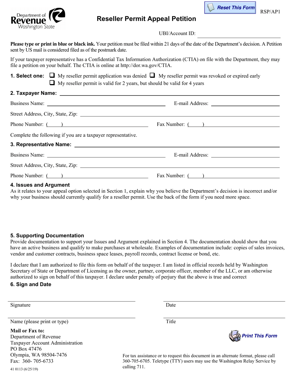 Form 41 0113 Reseller Permit Appeal Petition - Washington, Page 1