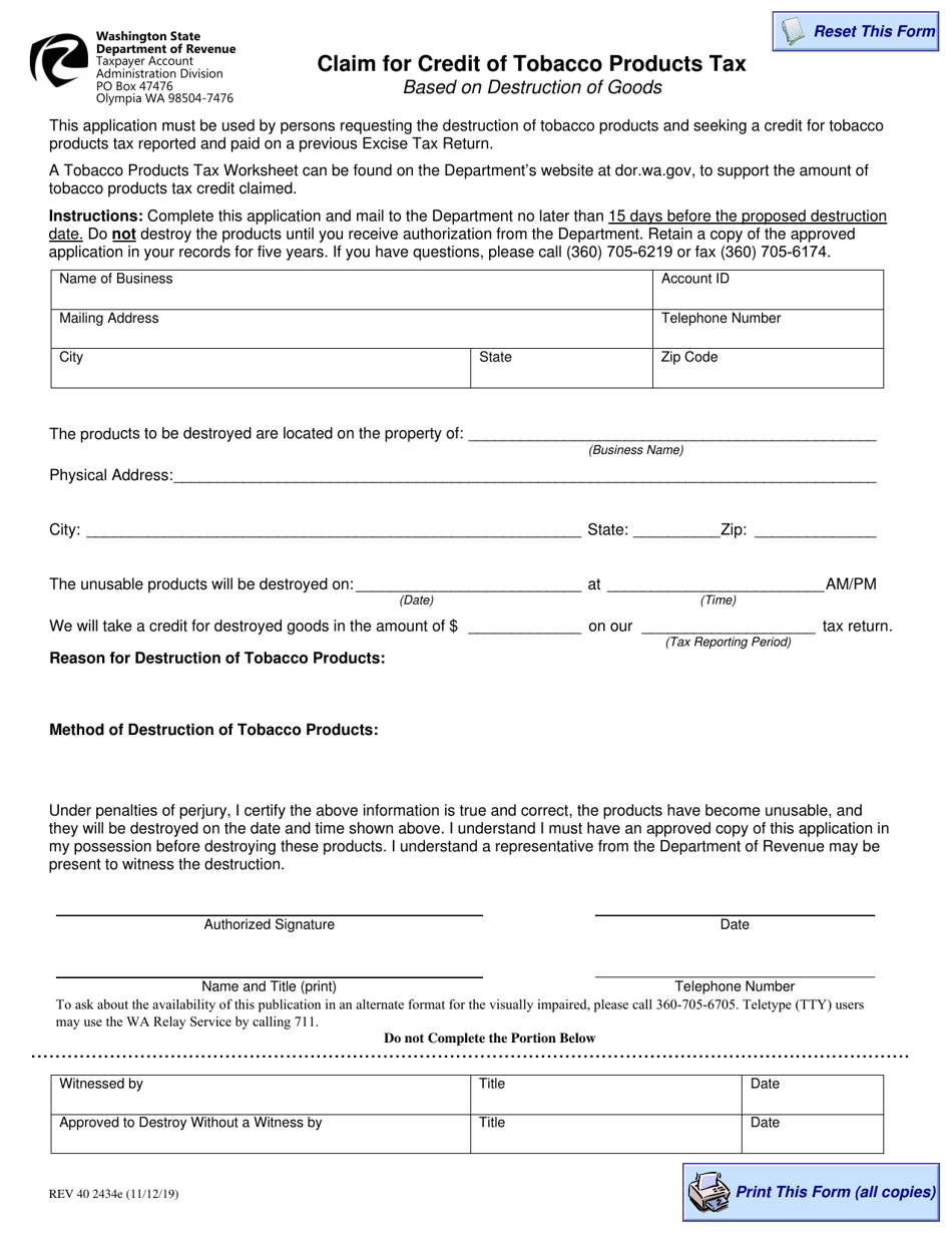 Form REV40 2434E Claim for Credit of Tobacco Products Tax - Washington, Page 1