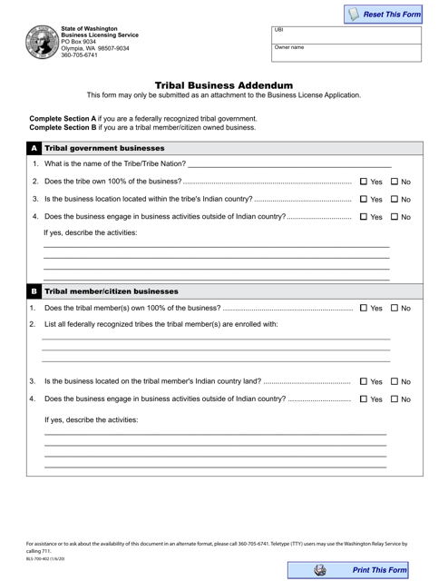 Form BLS-700-402 Tribal Business Addendum - Washington