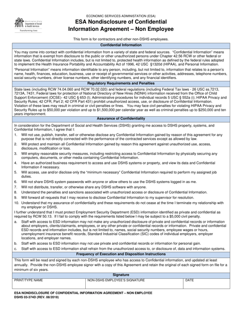 DSHS Form 03-374D Esa Nondisclosure of Confidential Information Agreement - Non Employee - Washington
