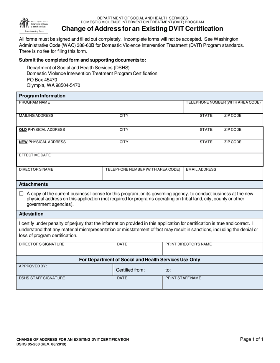 DSHS Form 05-260 Change of Address for an Existing Dvit Certification - Washington, Page 1