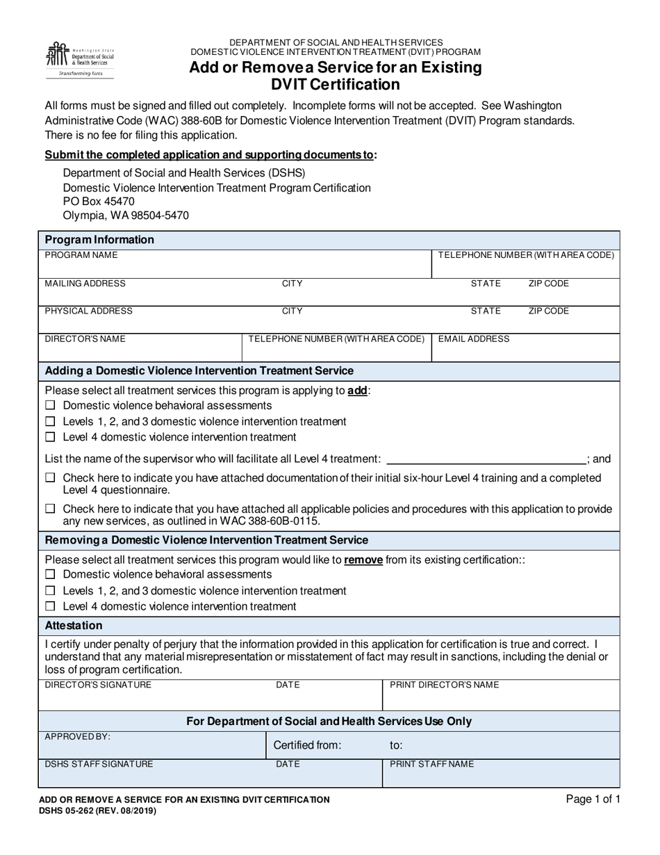 DSHS Form 05-262 Add or Remove a Service for an Existing Dvit Certification - Washington, Page 1